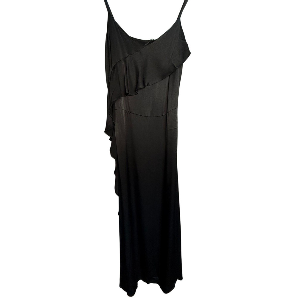 Molly Bracken Le Soir Maxi Dress L Black Viscose Ruffle Asymmetrical Formal Gown